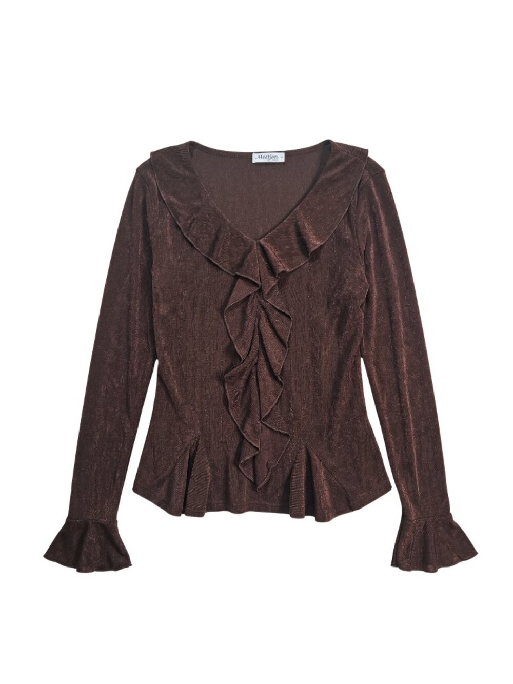 NWT | Meetjen Brown Shimmer Ruffle Front Peplum Top Large